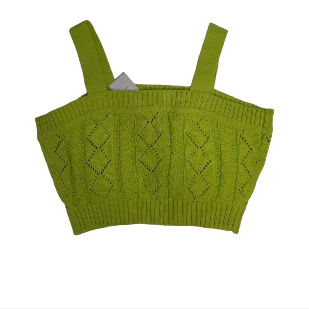 New Cider Lime Green Floral Embroidery Knit Sweater Cropped Tank Top M — image 3 of 8